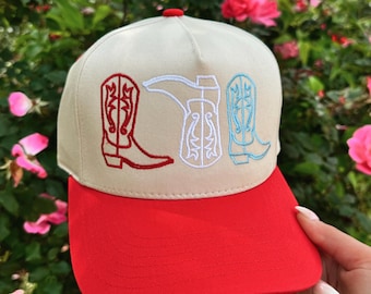 Embroidered Cowgirl Boots Trucker Hat: Patriotic USA Red White Blue