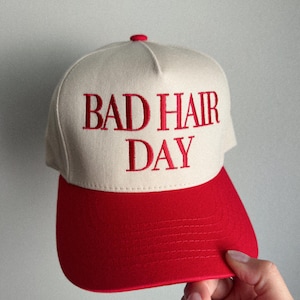 Bad Hair Day Trucker Hat: Red Embroidered Hat