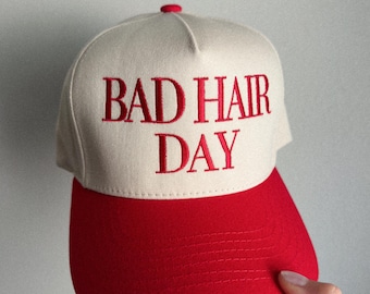 Bad Hair Day Trucker Hat: Red Embroidered Hat, canvas style hat, funny hats