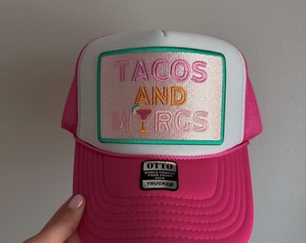 Tacos & Margs Trucker Hat | trucker hat, trucker hats for women, trucker hat patches, tacos and margs, cute trucker hats, bachelorette gifts