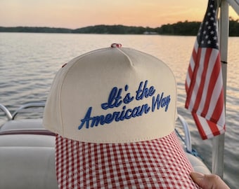The American Way Trucker Hat | vintage style, 4th of July, Memorial Day, Veterans Day, patriotic hats, summer, picnic pattern, gingham hats