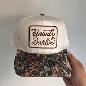 Howdy Darlin’ | trucker hat, camo trucker hat, howdy, coastal cowgirl, vintage cowboy, patch trucker hat, camo, cowgirl, womens trucker hat