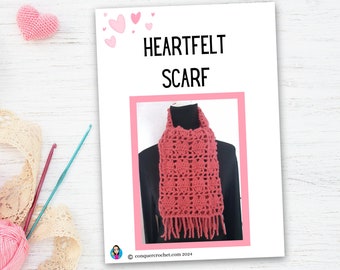 Heartfelt Scarf Crochet Pattern, Easy To Follow Design With Photo, Written and Video Instructions, Filet Crochet Design, DIY Gift Birthday