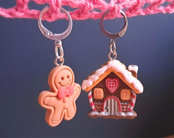 Gingerbread Kawaii Stitch Marker Set, Silver Plated Leverback Crochet Notion, Christmas Charm Progress Keeper, Knitting Row Marker Gift Set