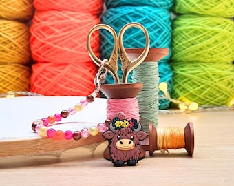 Highland Cow Scissor Fob with Protection Bead, Scissor Keeper, Embroidery Cross Stitch Sewing Crochet Knitting Notion Scottish Coo Accessory