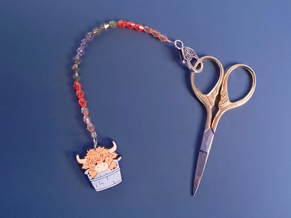 Highland Cow Scissor Fob with Protection Bead, Scissor Keeper, Embroidery Cross Stitch Sewing Crochet Knitting Notion Scottish Coo Accessory