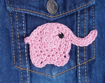 Pink Elephant Sew On Patch, Hand Crocheted Clothing Applique, Embellishment Adornment For Decorating Tote Bags Planners Pencil Cases