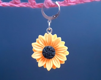 Sunflower Stitch Marker, Silver Plated Lever Back Crochet Notion, Resin Charm Progress Keeper, Row Marker Crochet Knit Autumn Thanksgiving