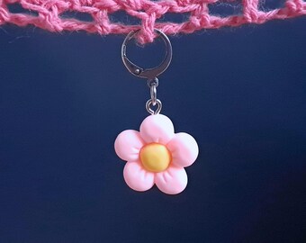 Pink Flower Stitch Marker, Silver Plated Lever Back Crochet Notion, Resin Gardener Progress Keeper, Row Marker Crochet Supplies Gift