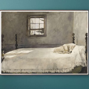 Sovrum av Andrew Wyeth - Utskrivbar väggkonst för nedladdning | Konsttryck med sovande hund | Minimalistisk sovrumsinredning