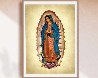 May include: A framed print of a religious image depicting the Virgin Mary, also known as Our Lady of Guadalupe, in a blue robe with a gold halo. The image is set against a yellow background with a decorative border.