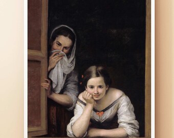 ムリーリョの絵画版画：窓辺の二人の女性、スペインの巨匠たちの作品