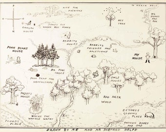 Hundred Acre Wood Map Print, Vintage Winnie the Pooh Illustration, Nursery Wall Art Digital Download