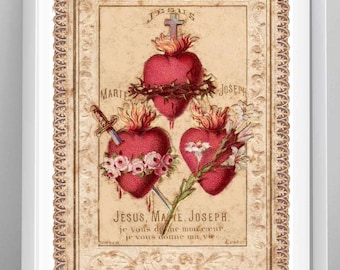 Three Hearts of the Holy Family Downloadable Print – Sacred Heart of Jesus, Immaculate Heart of Mary, Chaste Heart of St. Joseph