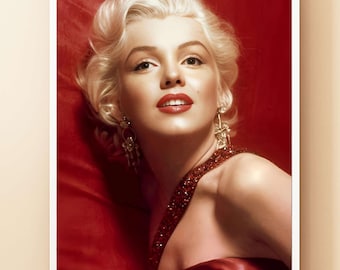 May include: A framed portrait of a woman with blonde hair and red lipstick. She is wearing a red dress with a beaded strap and gold earrings. The background is a deep red color.
