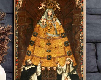 Our Lady of the Rosary Print – Saint Dominic & Saint Rose – Catholic Wall Art – 18th Century Cusco School – Religious Home Décor