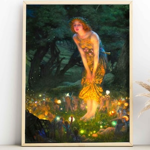 May include: A painting of a woman in a yellow dress standing in a forest with a group of fairies holding lanterns. The woman is looking down at the fairies, who are all looking up at her.