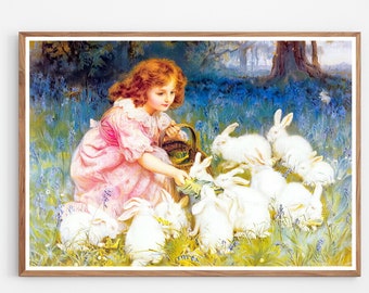Meisje dat konijnen voedt | Konijntjes afdrukken | Konijn afdrukken | Konijn kunst aan de muur | Kinderkamer kunst aan de muur | Vintage konijntje schilderij kunst