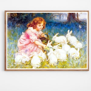 Girl Feeding Rabbits | Bunnies Print | Rabbit Print | Rabbit Wall Art | Nursery Wall Art | Vintage Bunny Painting Art