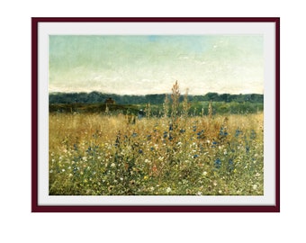 Arte della parete di campagna stampabile, campo estivo di fiori selvatici, pittura di paesaggio, arredamento della fattoria, stampa rustica estiva, download digitale