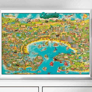 May include: A colorful illustrated map of Acapulco, Mexico, with the name "Acapulco" in a green and white font at the top. The map shows the city's layout, including buildings, streets, and the beach. There are many small illustrations of people, cars, boats, and other details.