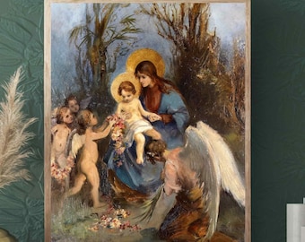 Virgin Mary and Baby Jesus Wall Art Print with Floral Wreath, Christian Home Decor, Religious Gift Idea