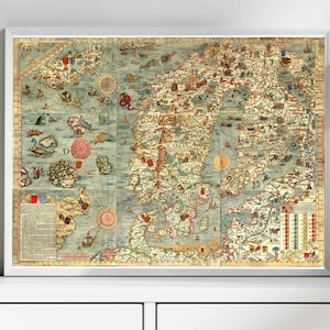 Skandinavische Seekarte Print | Olaus Magnus Carta Marina 1539 | Skandinavische Länder Wandkunst | Digitaler Download