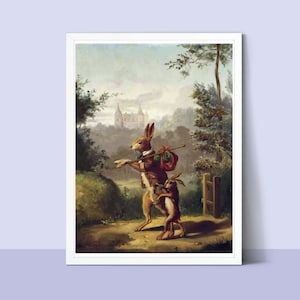 Peut inclure: Une peinture représentant deux lapins bruns marchant dans une forêt. Le lapin à l'avant porte un bâton et un sac rouge. Le lapin à l'arrière s'accroche au dos du lapin de devant. Un château est visible au loin.