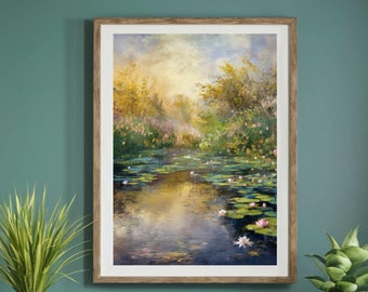 Impression de peinture à l'huile inspirée des nénuphars de Claude Monet - Décoration murale florale rétro