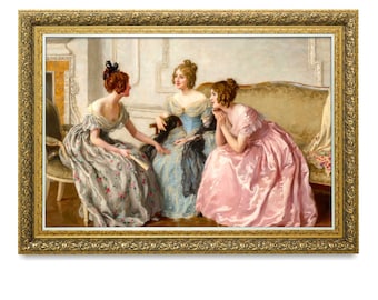 Elegant Victorian Ladies: Vintage Art Print of Three Women Engrossed in Gossip