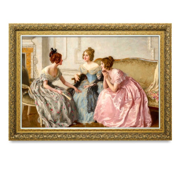 Elegant Victorian Ladies: Vintage Art Print of Three Women Engrossed in Gossip