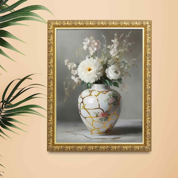 Kintsugi Vase and Flowers Watercolour Downloadable Print - Nature Inspired Artwork
