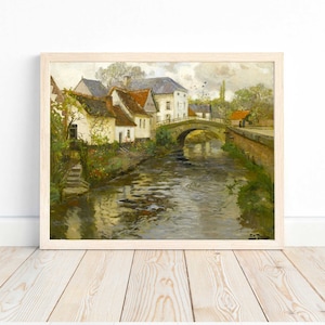 River Landscape Small Village Vintage Oil Painting Digital Download Print