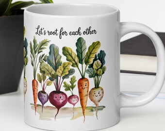 Let’s Root For Each Other Vegetable Mug - Uplifting Gardening Gift, Funny Plant Lover Coffee Cup, Carrot Turnip Design