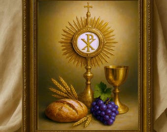 Catholic Eucharist Wall Art Download | Chi Rho Symbol | Bread, Wine, Wheat & Grapes | Printable Christian Décor