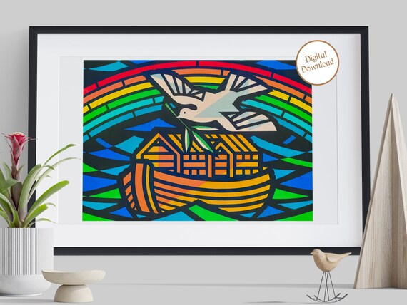 Noah's Ark Painting| Vintage Stained Glass Style Art |religious