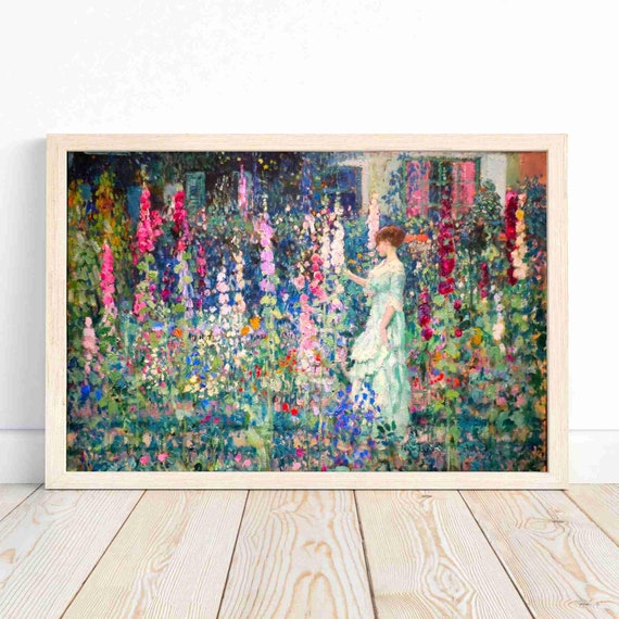 Hollyhocks Flower Garden With Woman - Vintage Oil Painting - Etsy
