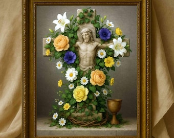 Arte mural de Jesús, impresión de cruz floral, decoración de pared cristiana, impresión de pared de Pascua, arte de descarga digital