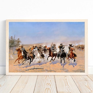 May include: A painting depicting a group of cowboys on horseback riding through a dusty landscape. The cowboys are wearing traditional clothing and are armed with rifles. The painting is set against a backdrop of a blue sky and a distant mountain range.
