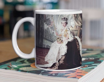 Queen Elizabeth II portrait | Queen Elizabeth Mug Print | British Royal Family | The Crown Art | White 11oz glossy mug