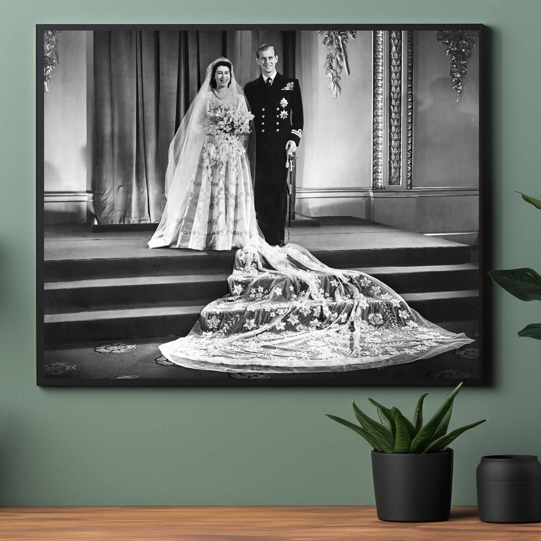 Vintage Royal Wedding: Black and White Print of Queen Elizabeth II