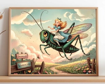 Alice in Wonderland Riding a Grasshopper – Whimsical Oil Style Fantasy Art Print, Surreal Fairytale Wall Decor, Instant Download