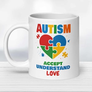 Autism Awareness Mug – Puzzle Heart Design | Accept Understand Love Coffee Cup | Autism Support Gift | Colorful Inspirational Mug