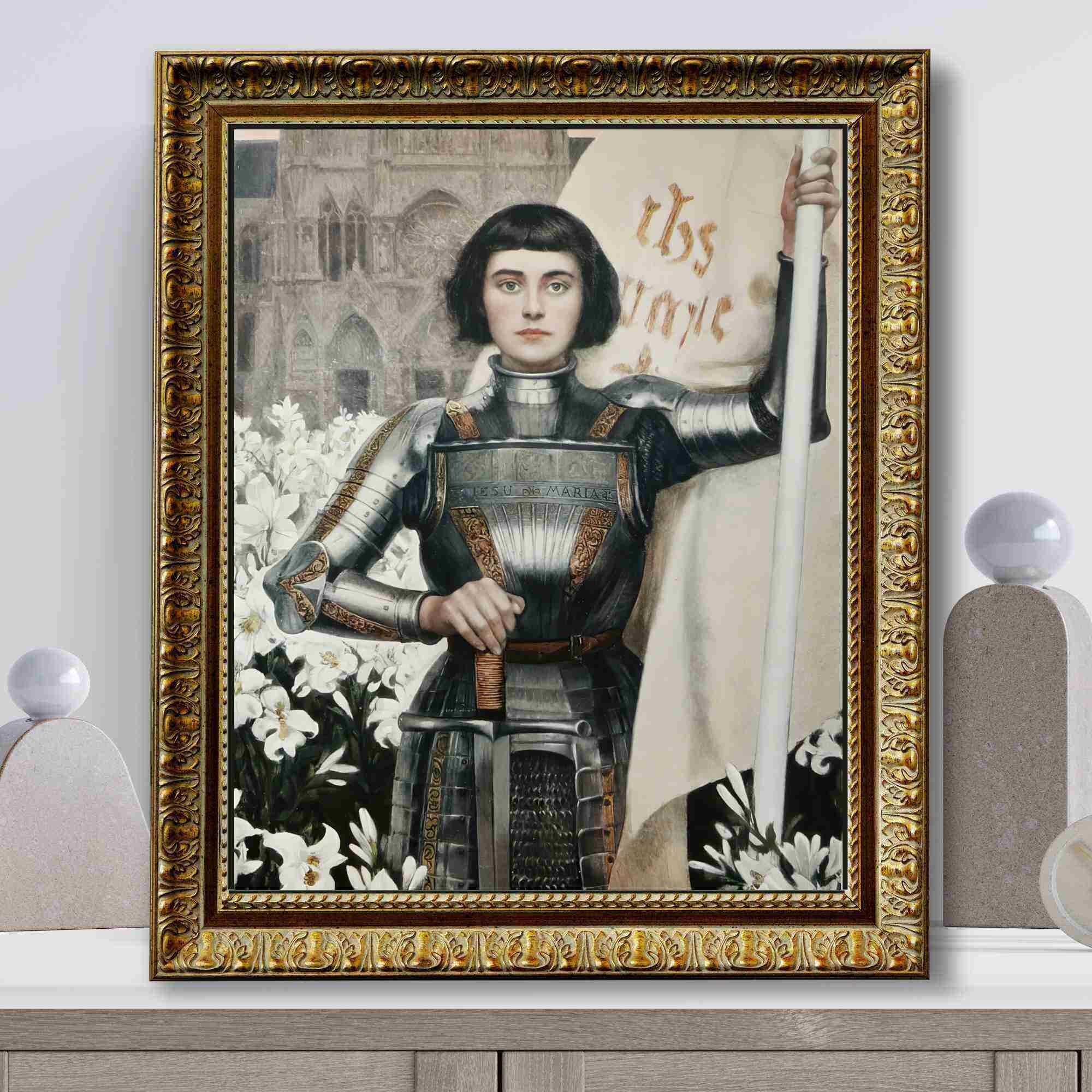 ジャンヌダルクJeanne d'Arcグラッセ絵ポスター絵画額縁付き100×80 ジャンヌ・ダルクとユリの絵画 | フランスの壁アート - ヴィンテージ風