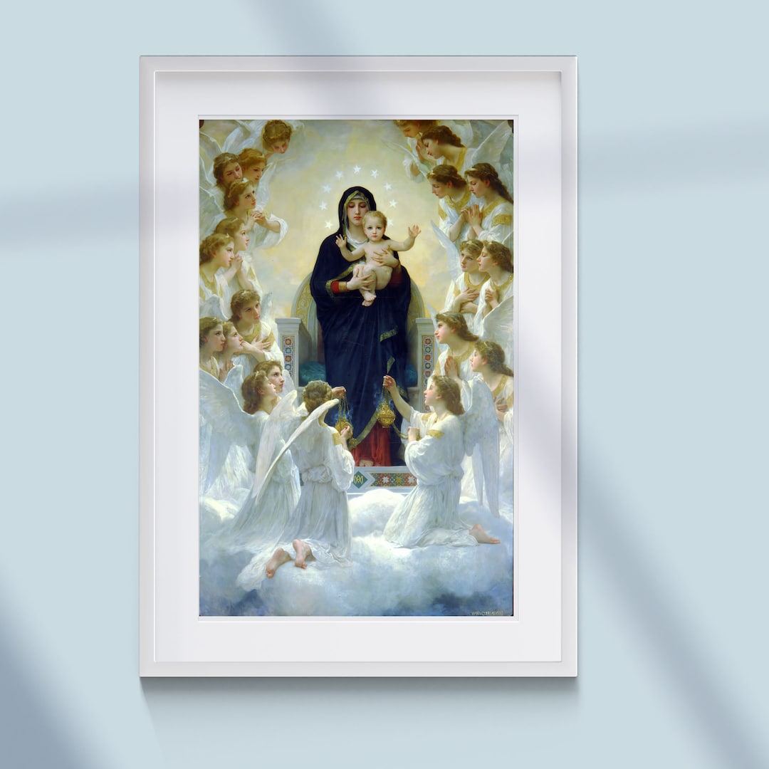 天使に囲まれた聖母マリア、天国の芸術：19世紀の精巧な宗教画 - Etsy 日本