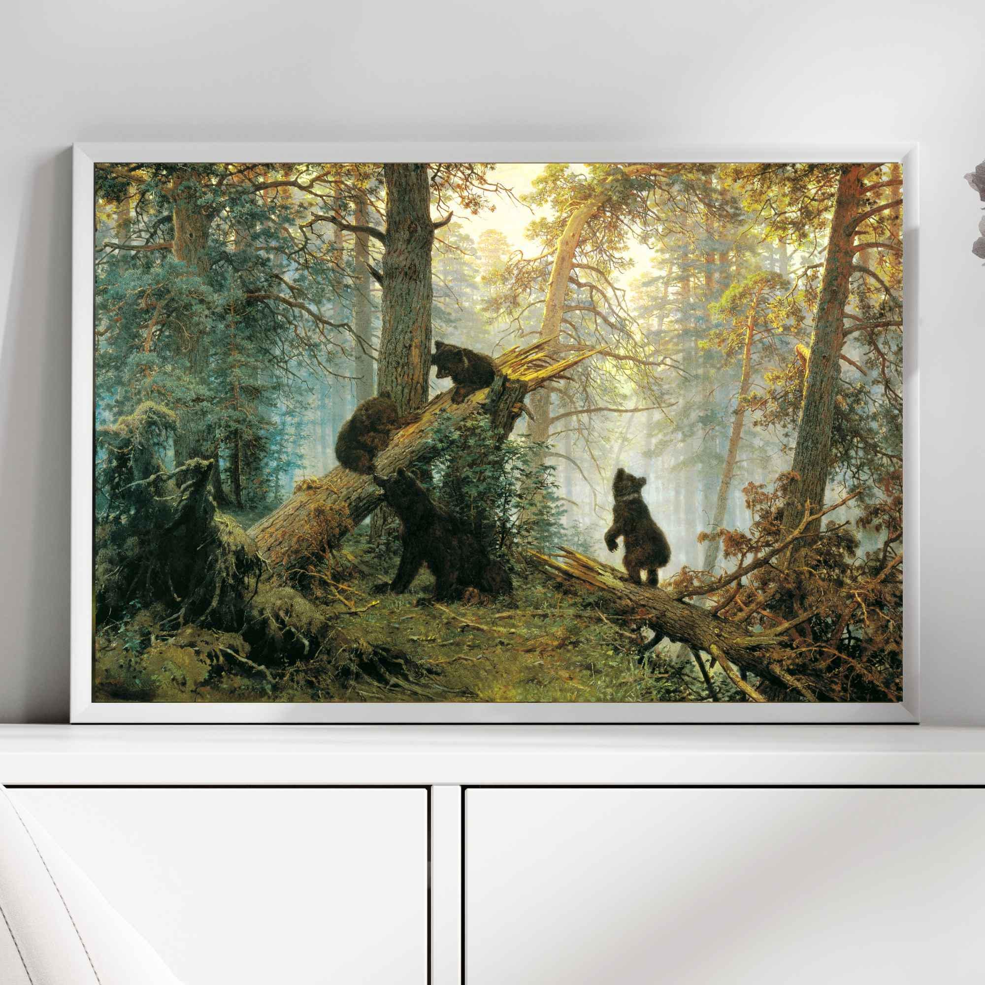 クマの森のウォールアートプリント - 松林の朝、ヴィンテージ動物絵画