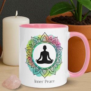 Inner Peace Yoga Mug – Mandala Meditation Cup | Mindfulness Gift for Women | Ceramic Coffee Mug with Color Inside | Zen Mug