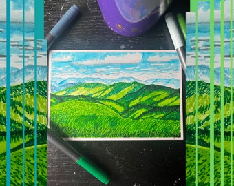Dipinto originale Rolling Hills / colline boscose lontane / paesaggio di una giornata di sole / acquerello fatto a mano / perfetto per cornici 4x6