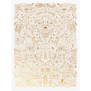 May include: Gold-colored art print on white background. The print features ornate, swirling text and floral designs. Key words include "Jesus Christ," "Almighty," and "Lord." The overall theme is religious and inspirational.