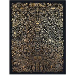 May include: A black and gold art print with ornate lettering. The design features religious text and floral elements. Key words include "Redeemer", "Jesus Christ", and "Almighty". The print has a vintage aesthetic.